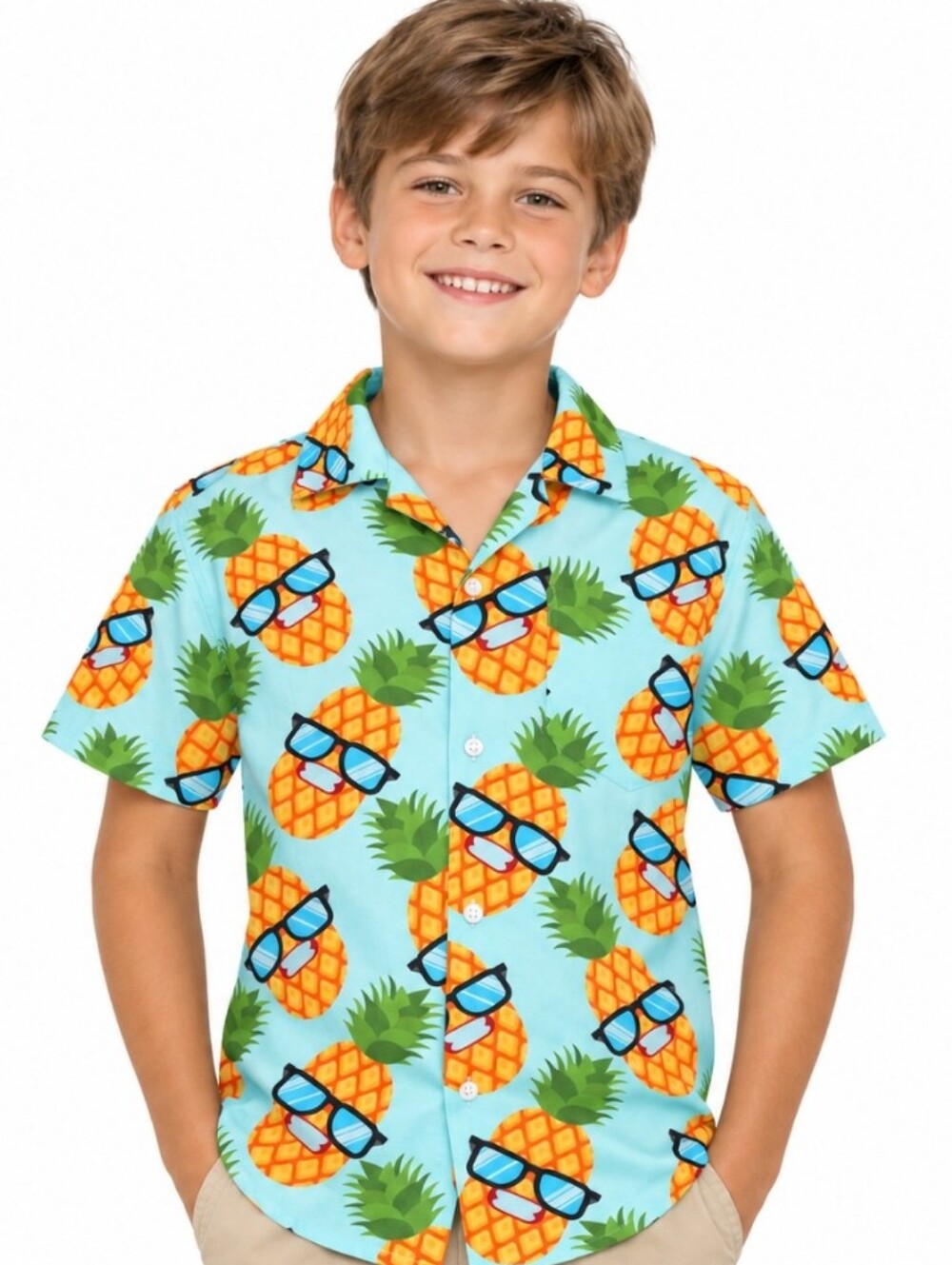 Boys Light Blue Pineapple Print Novelty Button-Up Shirt (Fits:13-14yr )